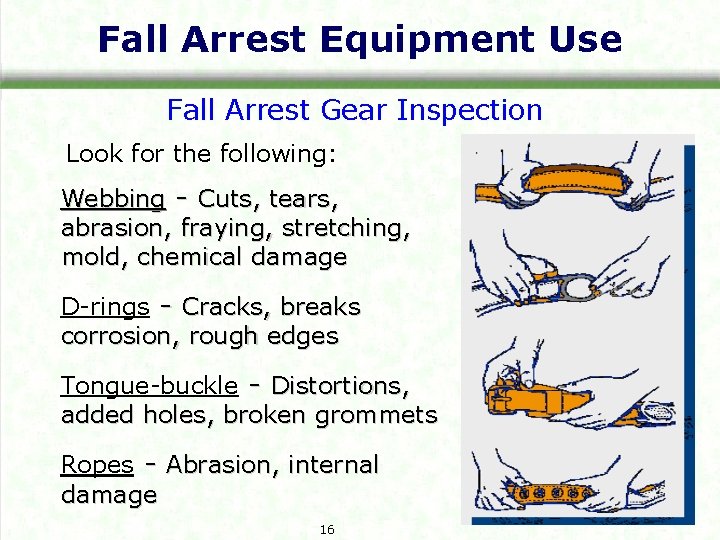 Fall Arrest Equipment Use Fall Arrest Gear Inspection Look for the following: Webbing -