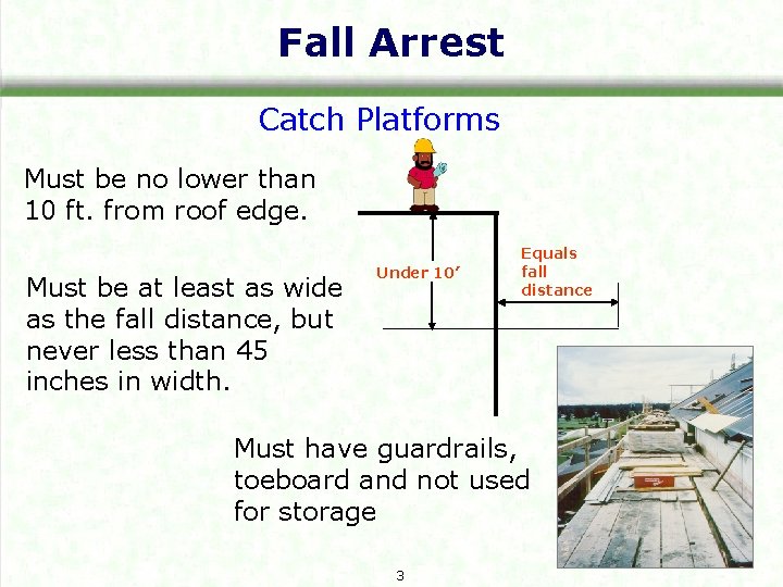 Fall Arrest Catch Platforms Must be no lower than 10 ft. from roof edge.