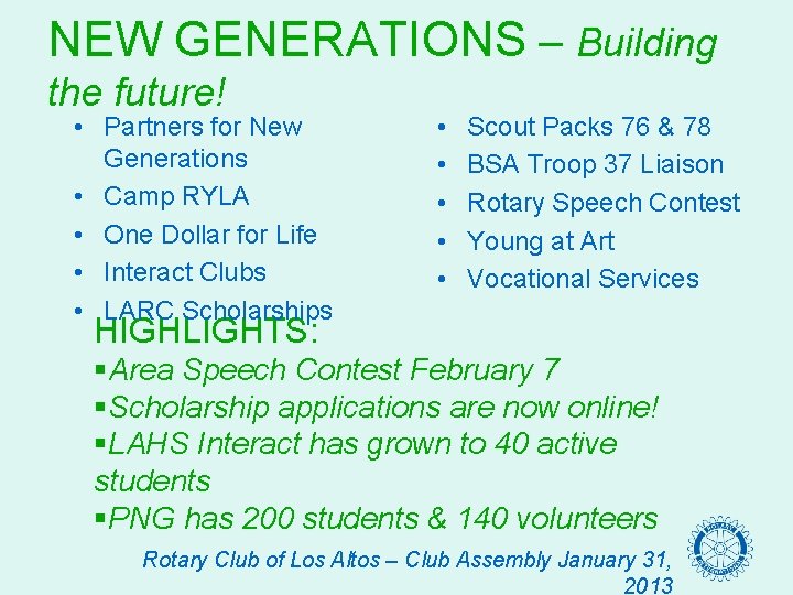 NEW GENERATIONS – Building the future! • Partners for New Generations • Camp RYLA