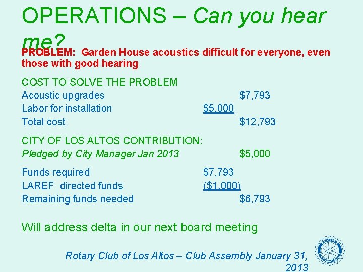 OPERATIONS – Can you hear me? PROBLEM: Garden House acoustics difficult for everyone, even