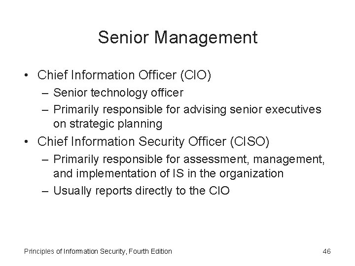 Senior Management • Chief Information Officer (CIO) – Senior technology officer – Primarily responsible
