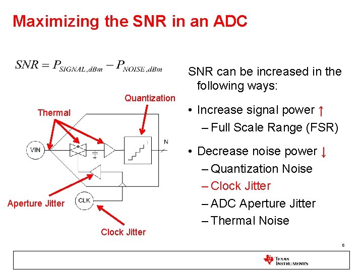 Maximizing the SNR in an ADC SNR can be increased in the following ways: