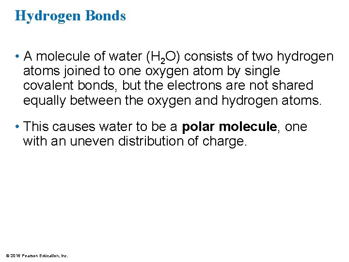 Hydrogen Bonds • A molecule of water (H 2 O) consists of two hydrogen