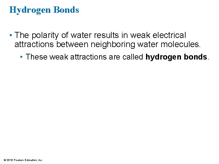 Hydrogen Bonds • The polarity of water results in weak electrical attractions between neighboring