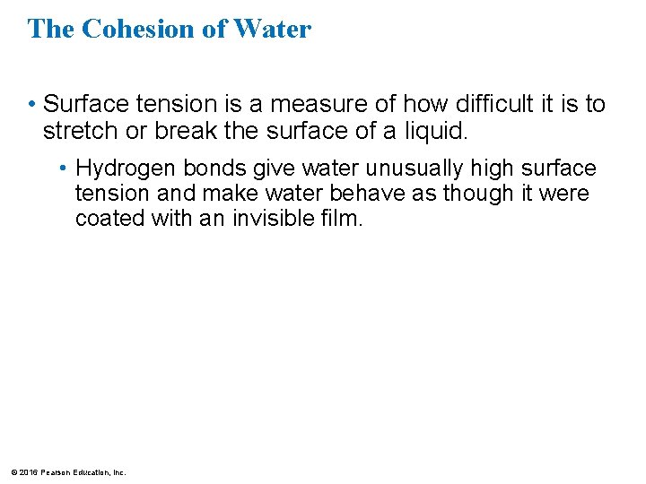 The Cohesion of Water • Surface tension is a measure of how difficult it