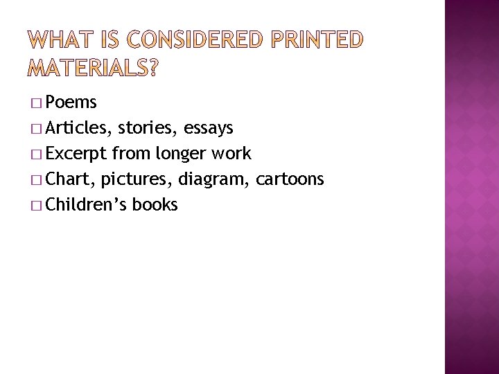 � Poems � Articles, stories, essays � Excerpt from longer work � Chart, pictures,