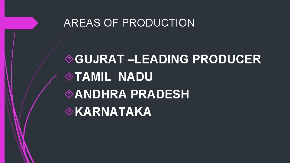 AREAS OF PRODUCTION GUJRAT –LEADING PRODUCER TAMIL NADU ANDHRA PRADESH KARNATAKA 