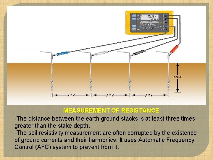MEASUREMENT OF RESISTANCE §The distance between the earth ground stacks is at least three