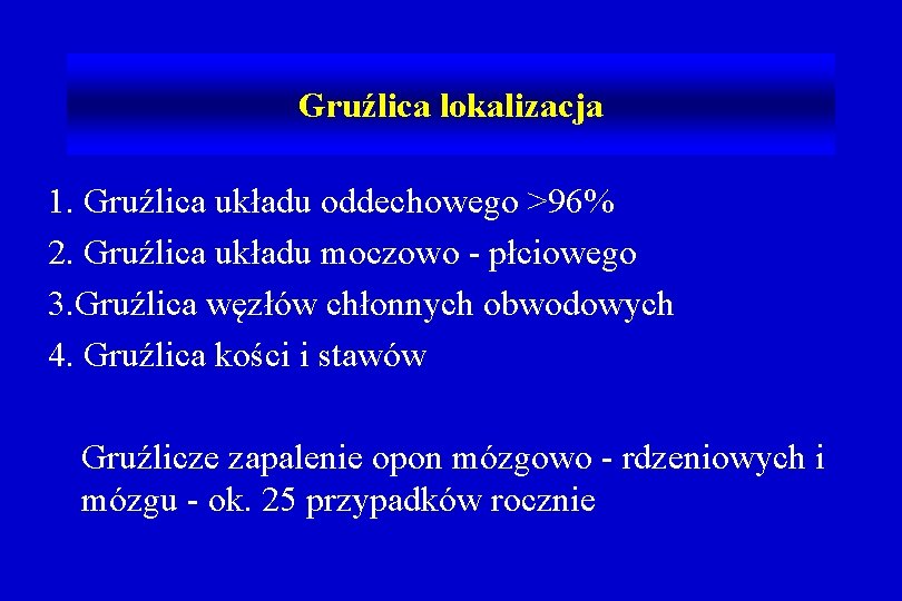 Gruźlica lokalizacja 1. Gruźlica układu oddechowego >96% 2. Gruźlica układu moczowo - płciowego 3.