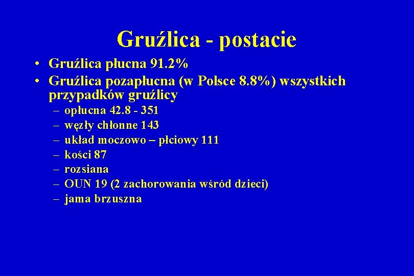 Gruźlica - postacie • Gruźlica płucna 91. 2% • Gruźlica pozapłucna (w Polsce 8.