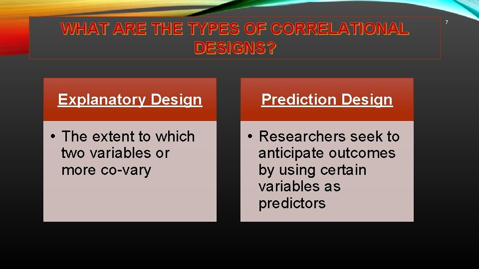 WHAT ARE THE TYPES OF CORRELATIONAL DESIGNS? Explanatory Design • The extent to which