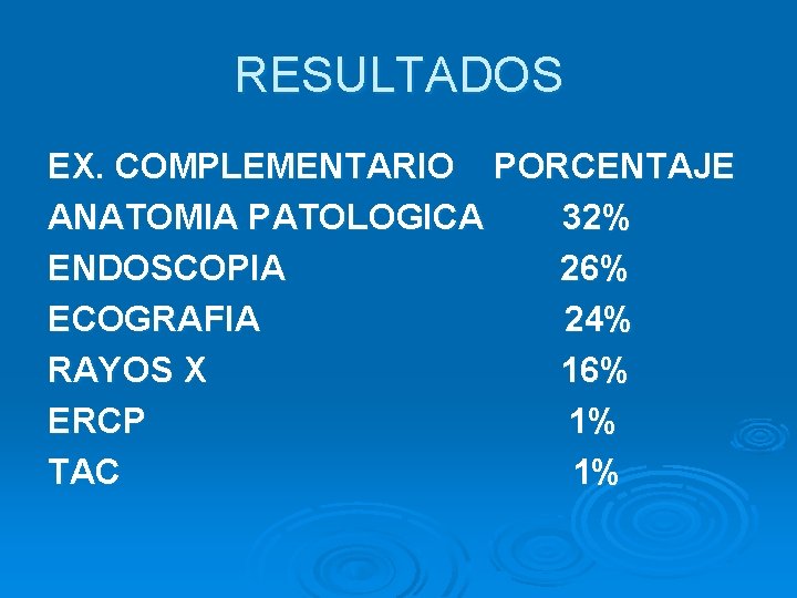 RESULTADOS EX. COMPLEMENTARIO PORCENTAJE ANATOMIA PATOLOGICA 32% ENDOSCOPIA 26% ECOGRAFIA 24% RAYOS X 16%