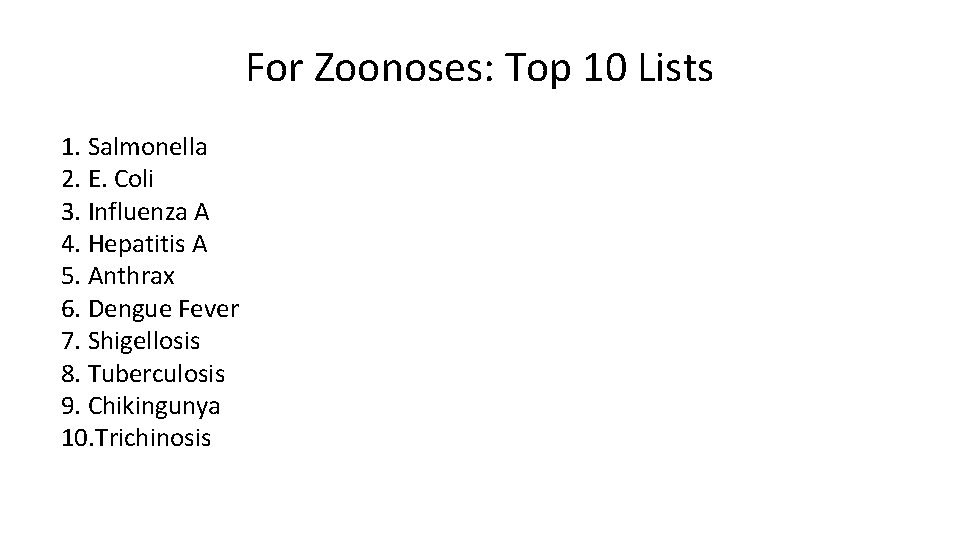 For Zoonoses: Top 10 Lists 1. Salmonella 2. E. Coli 3. Influenza A 4.
