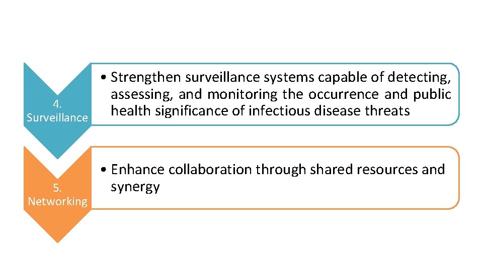 4. Surveillance 5. Networking • Strengthen surveillance systems capable of detecting, assessing, and monitoring