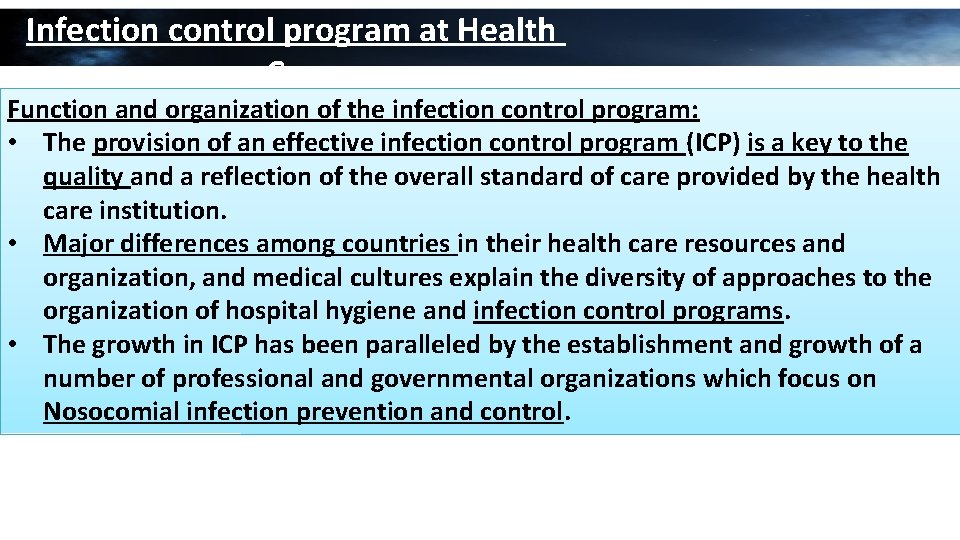 Infection control program at Health Care Function and organization of the infection control program: