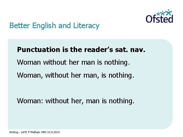 Better English and Literacy Punctuation is the reader’s sat. nav. Woman without her man