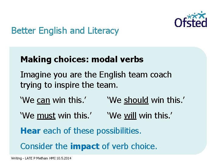Better English and Literacy Making choices: modal verbs Imagine you are the English team