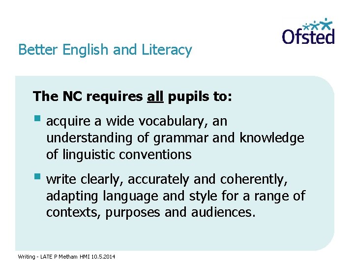 Better English and Literacy The NC requires all pupils to: § acquire a wide