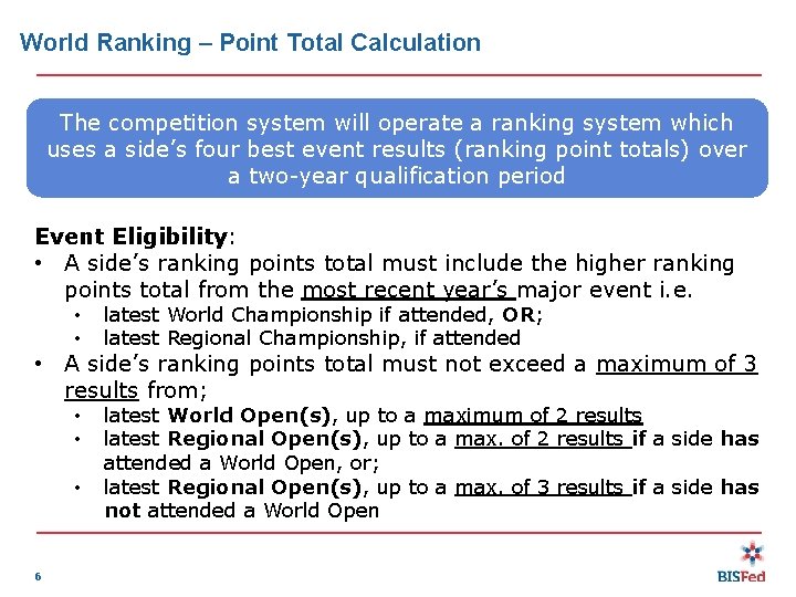 World Ranking – Point Total Calculation The competition system will operate a ranking system