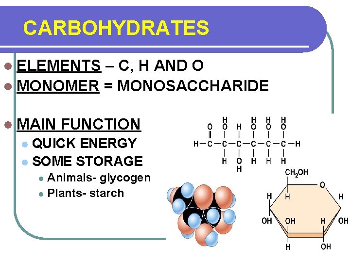 CARBOHYDRATES l ELEMENTS – C, H AND O l MONOMER = MONOSACCHARIDE l MAIN