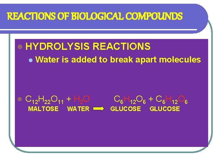 REACTIONS OF BIOLOGICAL COMPOUNDS l HYDROLYSIS l l REACTIONS Water is added to break