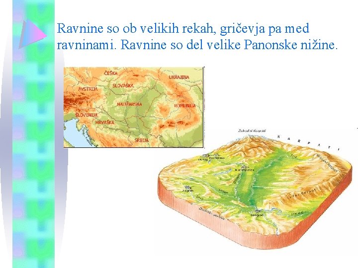 Ravnine so ob velikih rekah, gričevja pa med ravninami. Ravnine so del velike Panonske