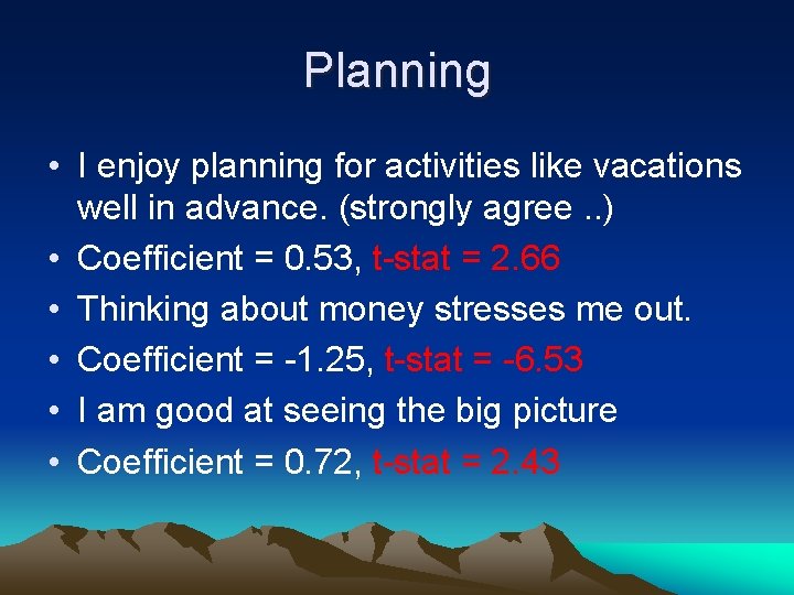 Planning • I enjoy planning for activities like vacations well in advance. (strongly agree.