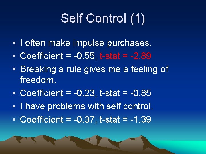 Self Control (1) • I often make impulse purchases. • Coefficient = -0. 55,