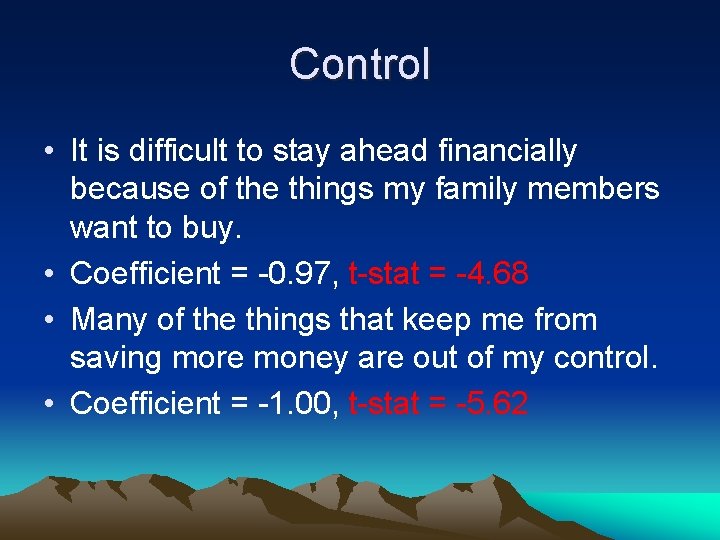 Control • It is difficult to stay ahead financially because of the things my