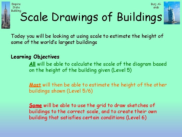 Empire State Building Burj Alarab Scale Drawings of Buildings Today you will be looking
