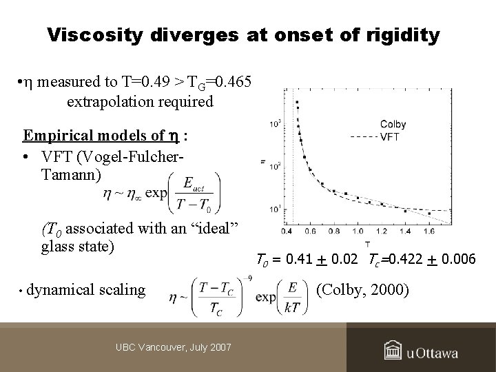 Viscosity diverges at onset of rigidity • measured to T=0. 49 > TG=0. 465