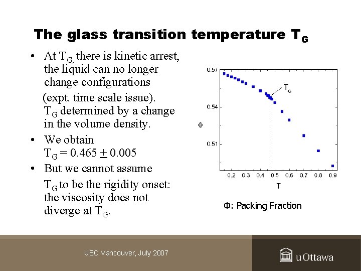 The glass transition temperature TG • At TG, there is kinetic arrest, the liquid