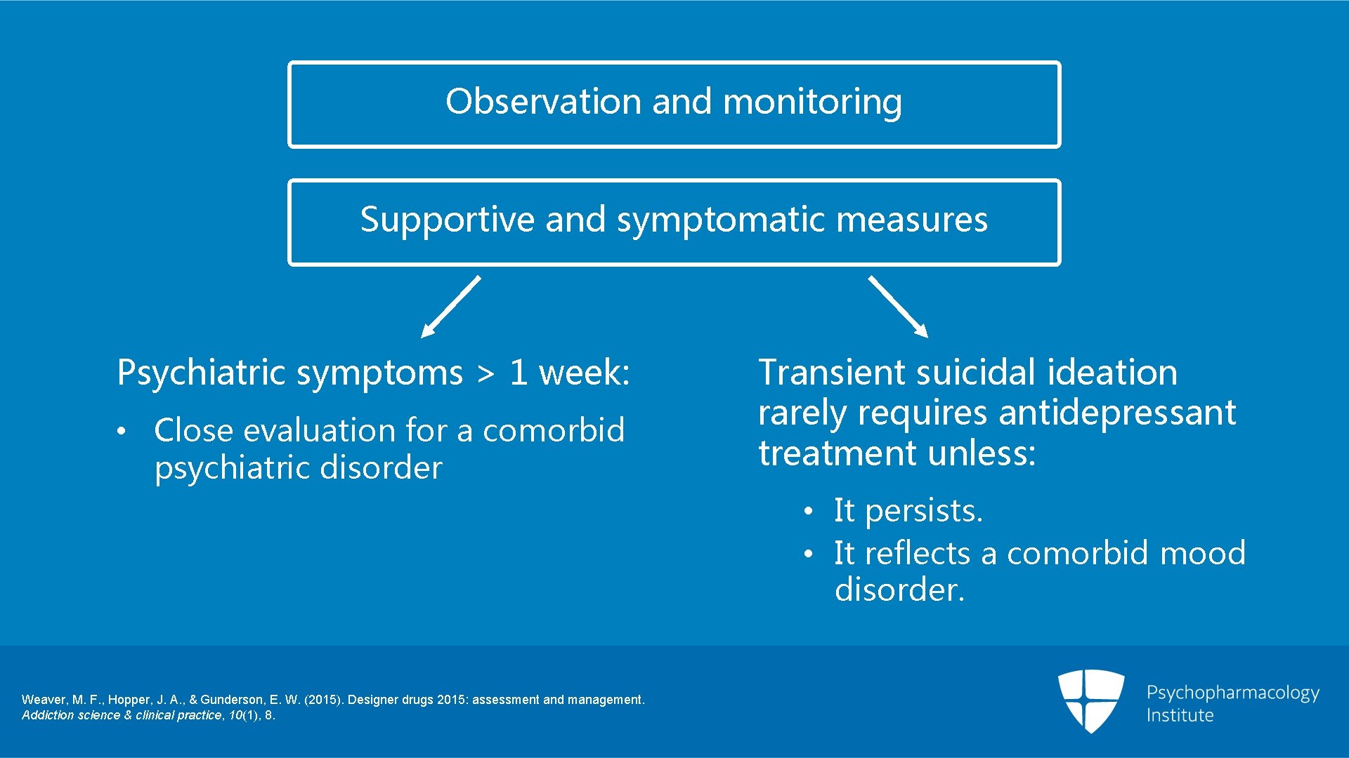 Observation and monitoring Supportive and symptomatic measures Psychiatric symptoms > 1 week: • Close