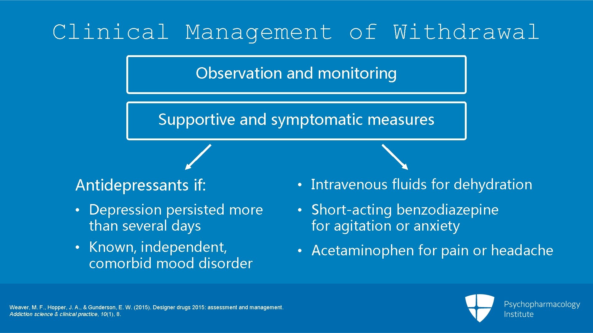 Clinical Management of Withdrawal Observation and monitoring Supportive and symptomatic measures Antidepressants if: •