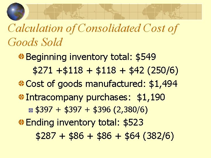 Calculation of Consolidated Cost of Goods Sold Beginning inventory total: $549 $271 +$118 +