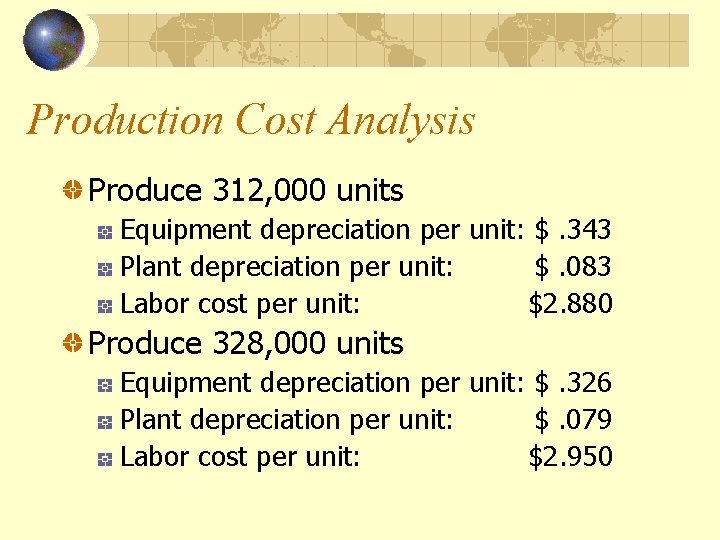 Production Cost Analysis Produce 312, 000 units Equipment depreciation per unit: $. 343 Plant