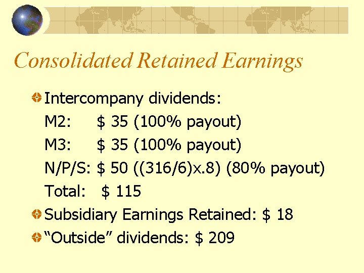 Consolidated Retained Earnings Intercompany dividends: M 2: $ 35 (100% payout) M 3: $