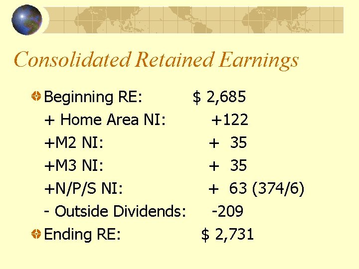 Consolidated Retained Earnings Beginning RE: $ 2, 685 + Home Area NI: +122 +M