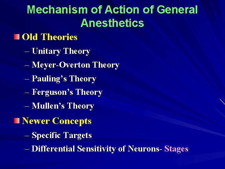 Mechanism of Action of General Anesthetics Old Theories – Unitary Theory – Meyer-Overton Theory