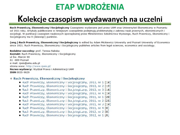 ETAP WDROŻENIA Kolekcje czasopism wydawanych na uczelni 