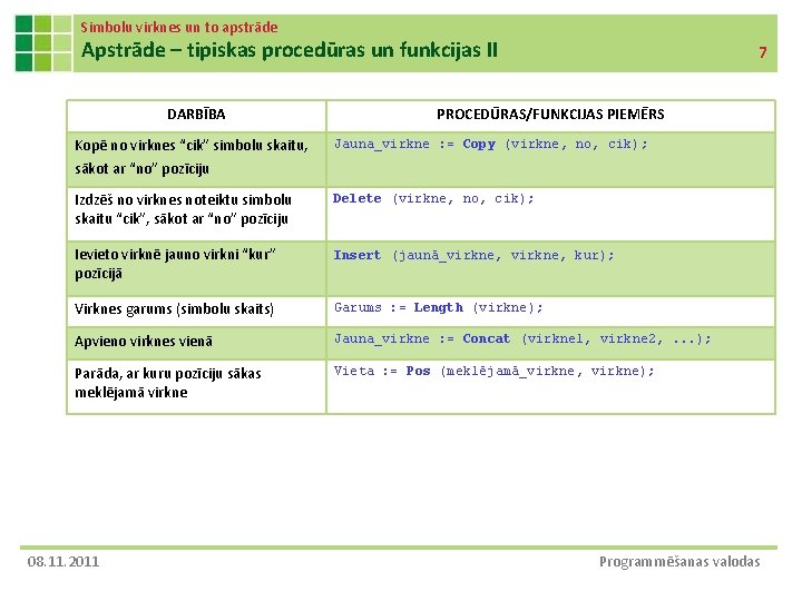 Simbolu virknes un to apstrāde Apstrāde – tipiskas procedūras un funkcijas II DARBĪBA 7