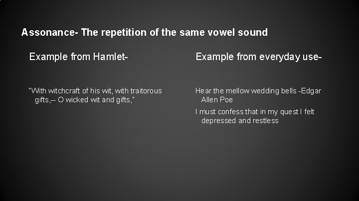 Assonance- The repetition of the same vowel sound Example from Hamlet- Example from everyday