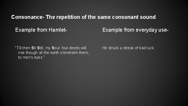 Consonance- The repetition of the same consonant sound Example from Hamlet- Example from everyday