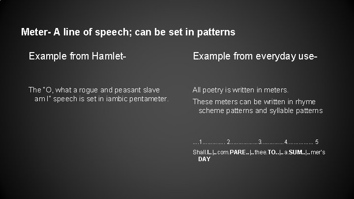 Meter- A line of speech; can be set in patterns Example from Hamlet- Example