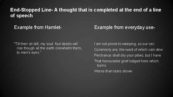 End-Stopped Line- A thought that is completed at the end of a line of
