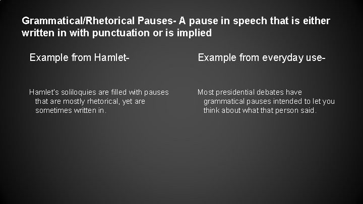 Grammatical/Rhetorical Pauses- A pause in speech that is either written in with punctuation or
