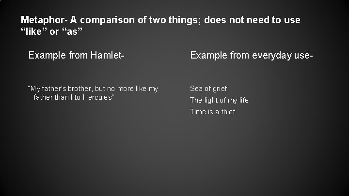 Metaphor- A comparison of two things; does not need to use “like” or “as”