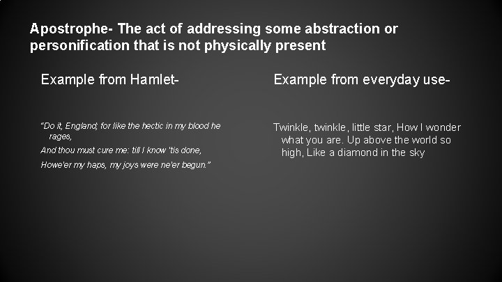 Apostrophe- The act of addressing some abstraction or personification that is not physically present