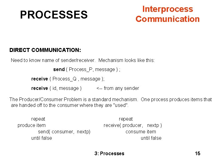 Interprocess Communication PROCESSES DIRECT COMMUNICATION: Need to know name of sender/receiver. Mechanism looks like