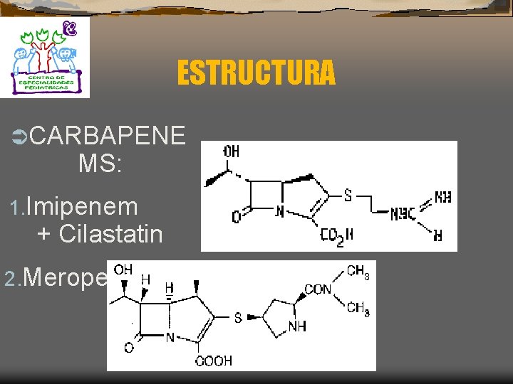 ESTRUCTURA ÜCARBAPENE MS: 1. Imipenem + Cilastatin 2. Meropenem 